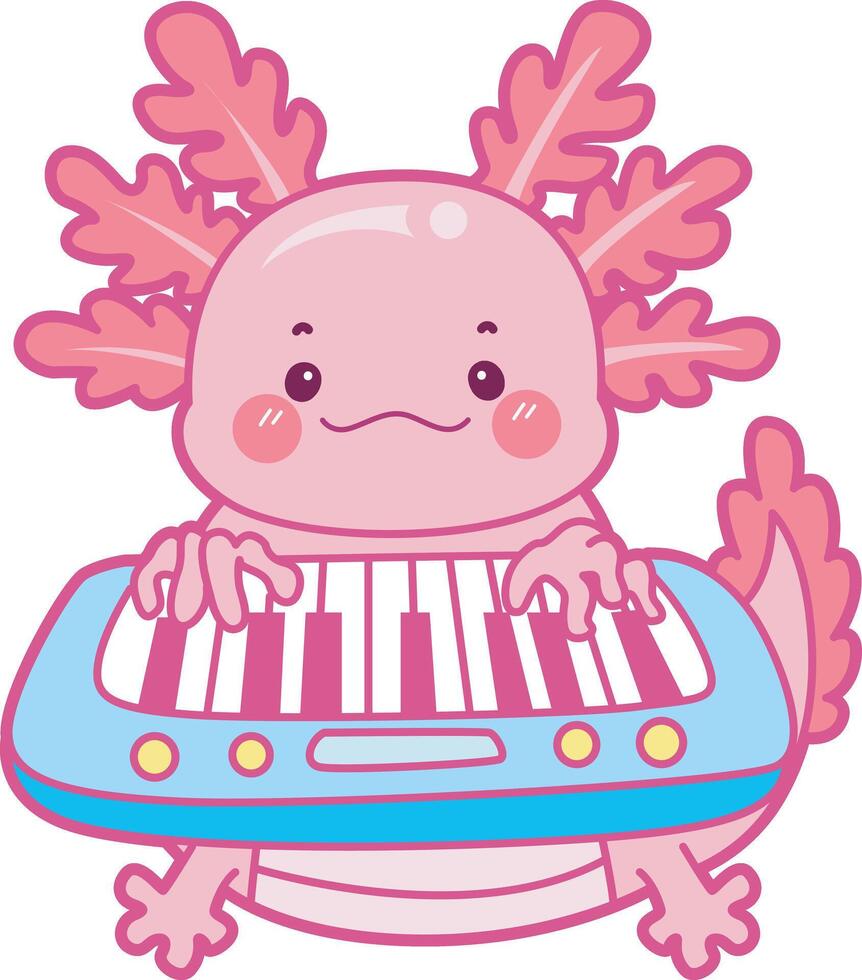 Axolotl playing piano. Illustration of cute axolotl activities icon. vector