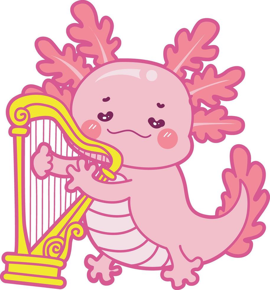 Axolotl playing a harpa. Illustration of cute axolotl activities icon. vector