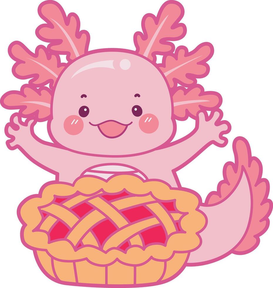 Axolotl bring a pie cherry. Illustration of cute axolotl activities icon. vector