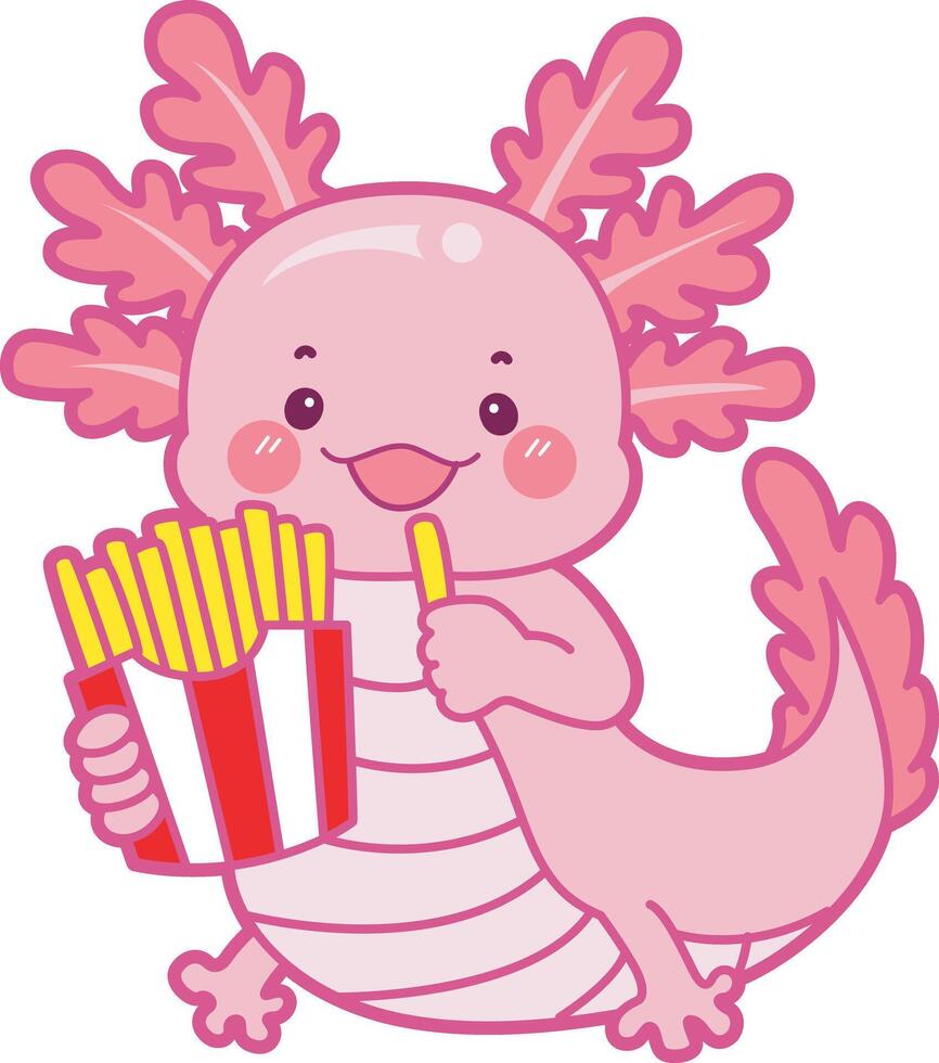 Axolotl eating a french fries. Illustration of cute axolotl activities icon. vector