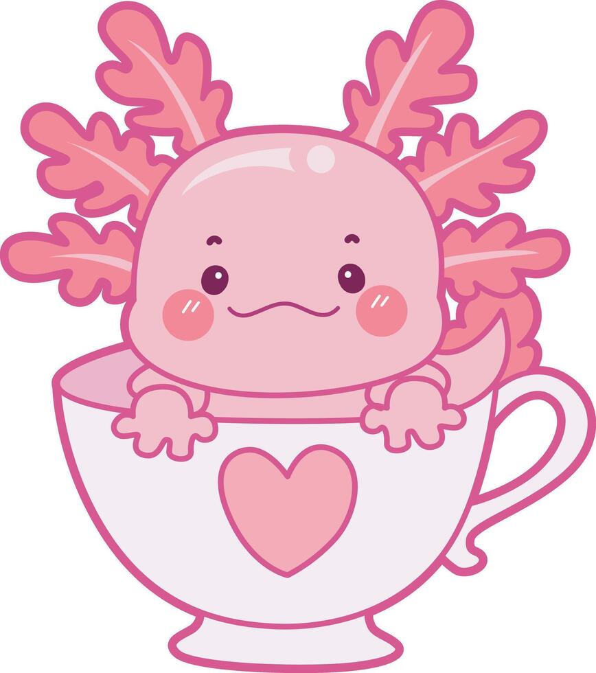 Axolotl in the cup of tea. Illustration of cute axolotl activities icon. vector
