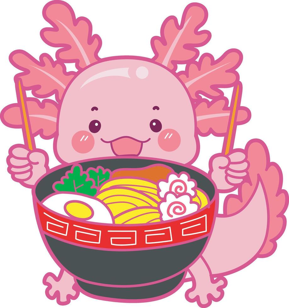 Axolotl want to eating ramen. Illustration of cute axolotl activities icon. vector