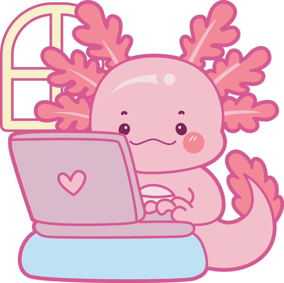 Axolotl typing in the notepad. Illustration of cute axolotl activities icon. vector