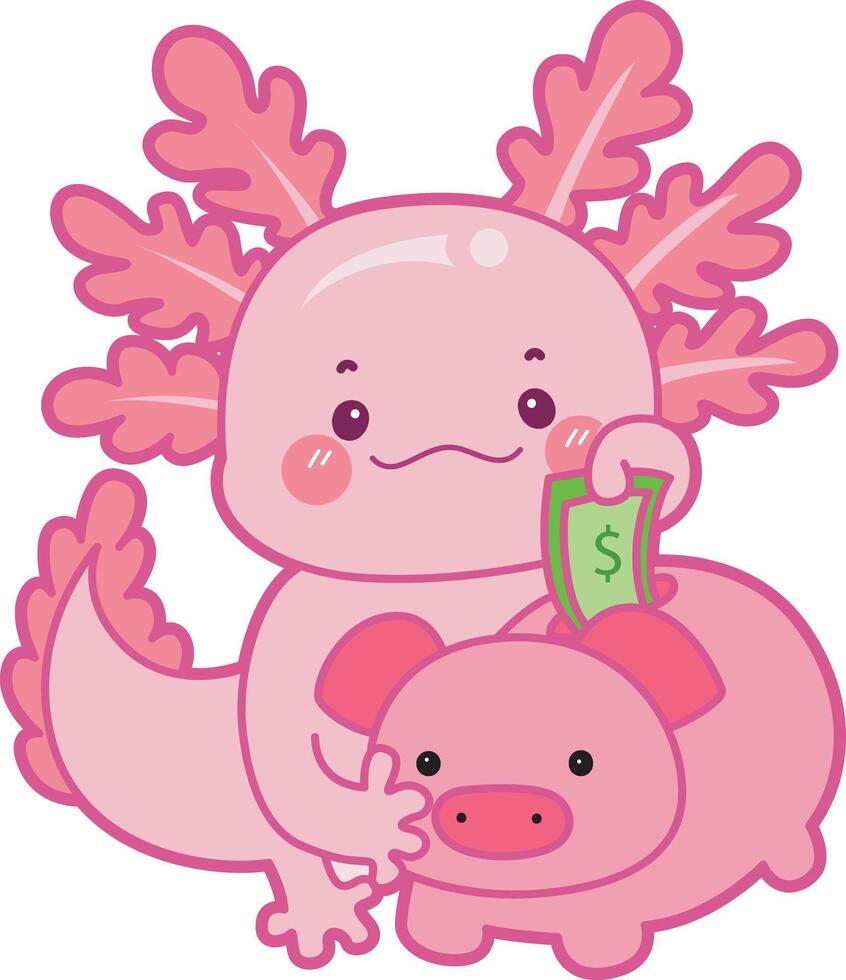 Axolotl savings money in the piggy bank. Illustration of cute axolotl activities icon. vector