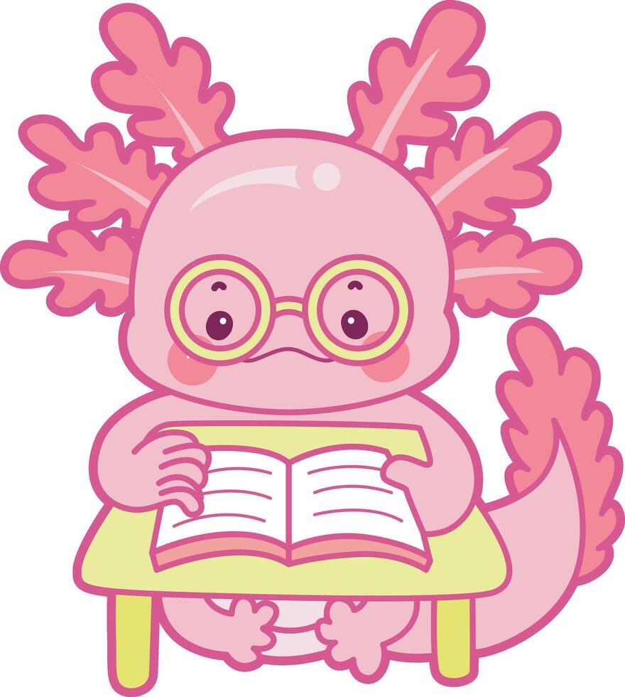 Axolotl studying in the table. Illustration of cute axolotl activities icon. vector