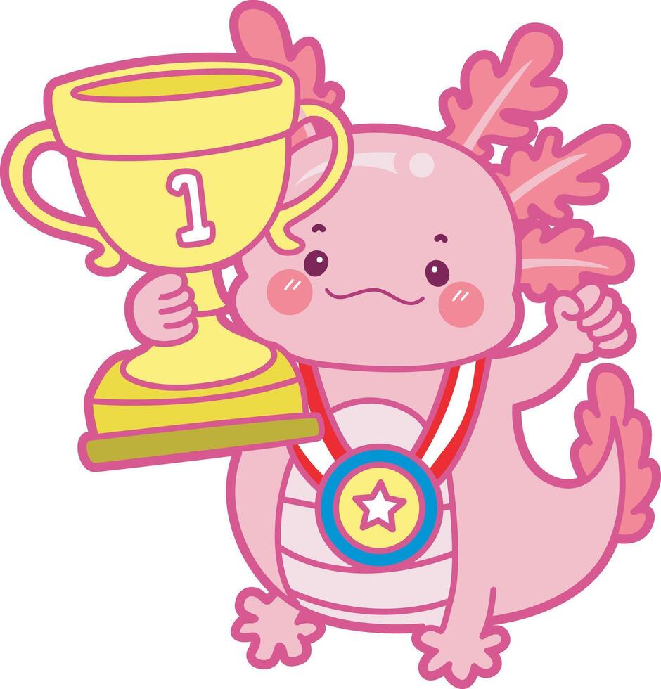 Axolotl bring a trophy. Illustration of cute axolotl activities icon. vector