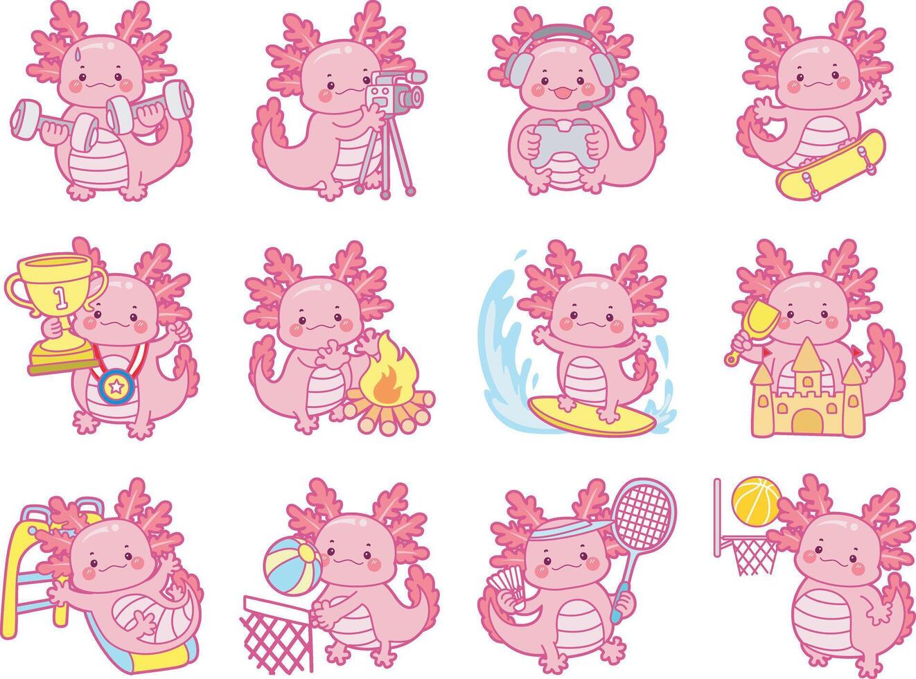 Axolotl n the variation of sport and workout. Illustration of cute axolotl activities icon. vector