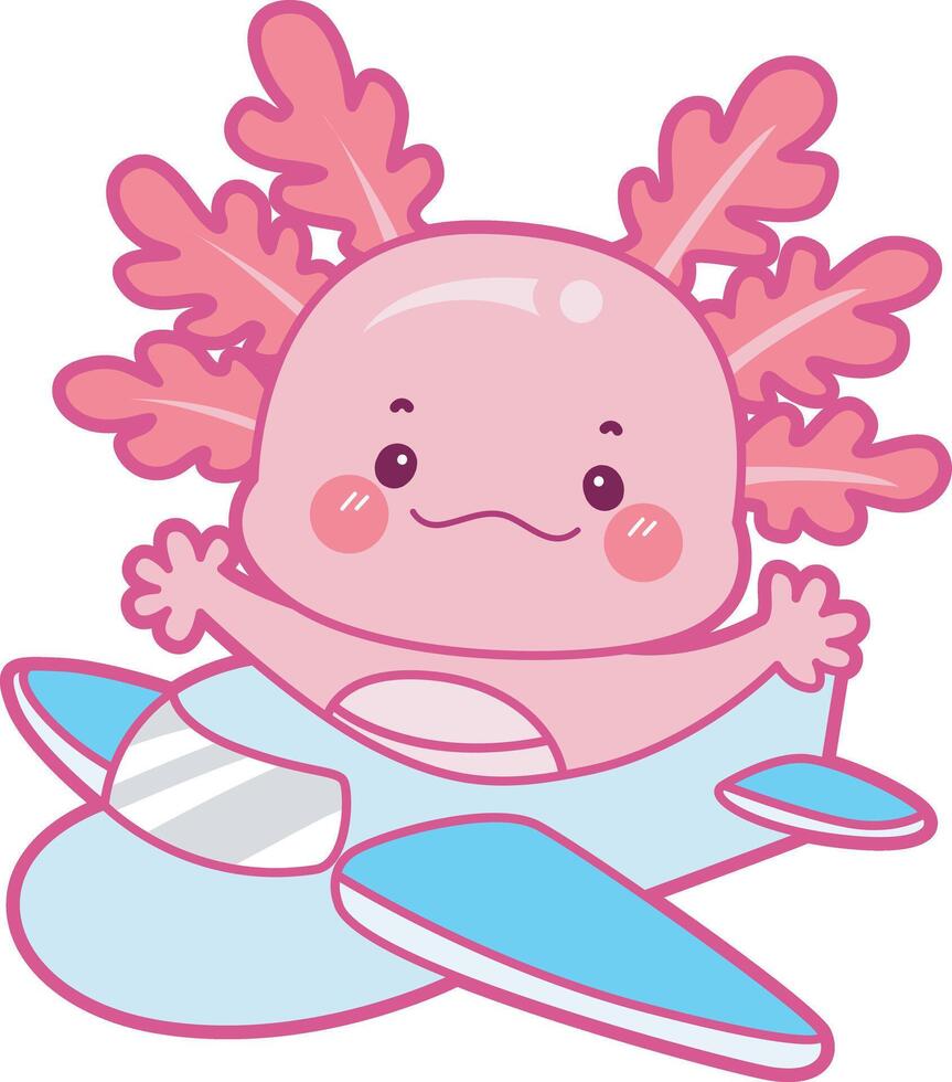 Axolotl riding a plane. Illustration of cute axolotl activities icon. vector