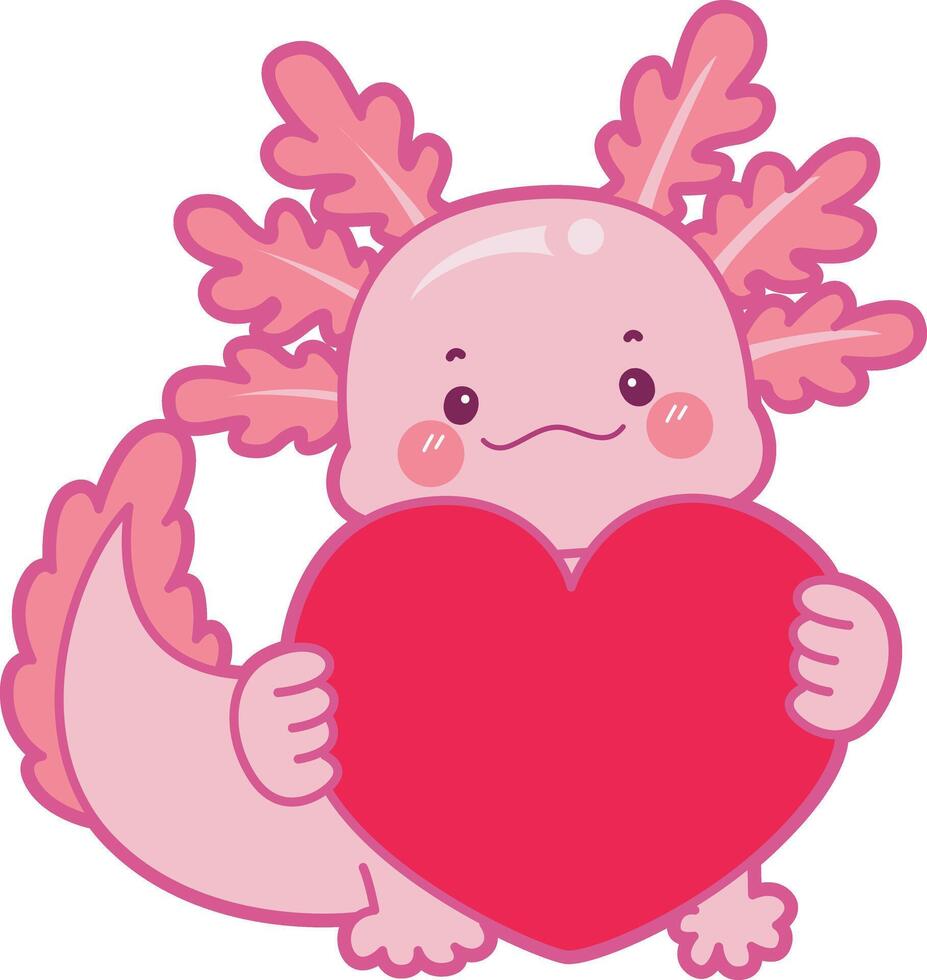 Axolotl bring a red heart. Illustration of cute axolotl activities icon. vector