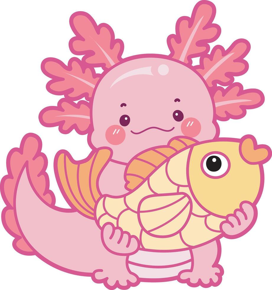 Axolotl bring a gold fish. Illustration of cute axolotl activities icon. vector