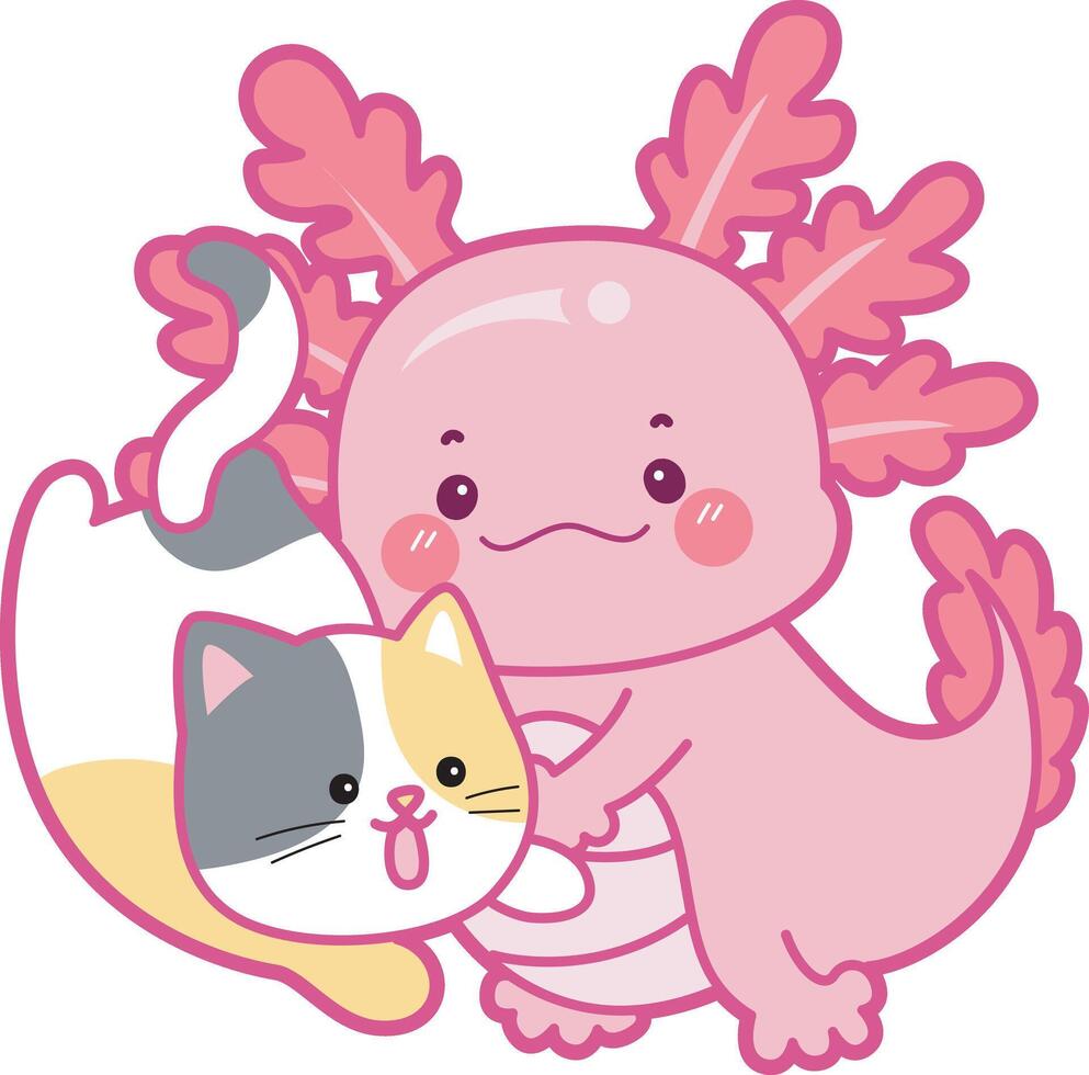 Axolotl playing with kitten. Illustration of cute axolotl activities icon. vector