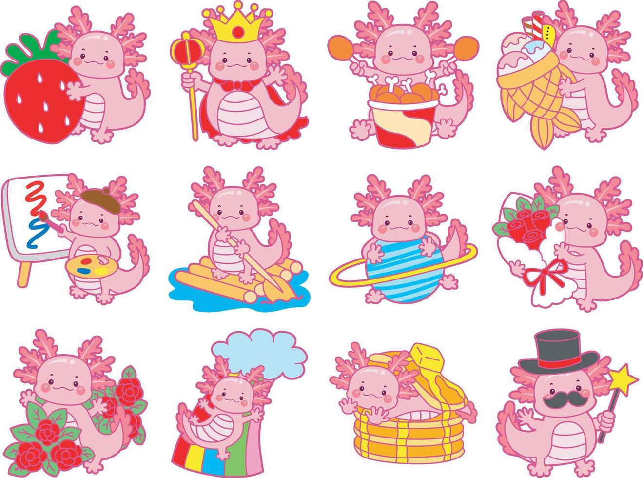 Axolotl in the variation of random activity. Illustration of cute axolotl activities icon. vector