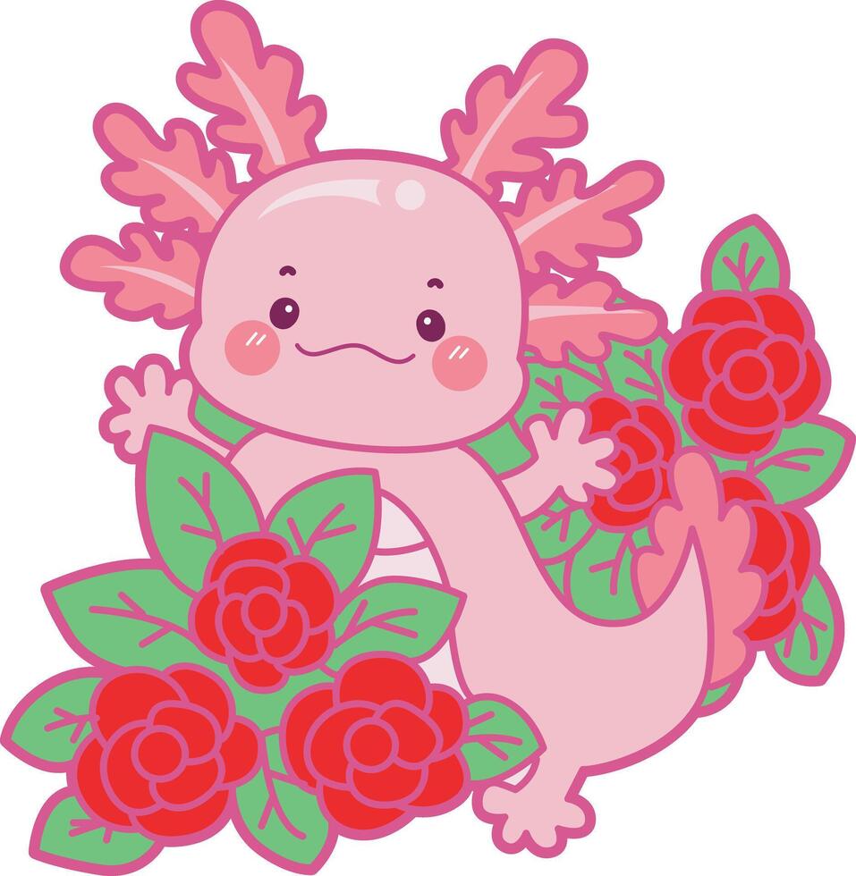 Axolotl in the middle of rose garden. Illustration of cute axolotl activities icon. vector