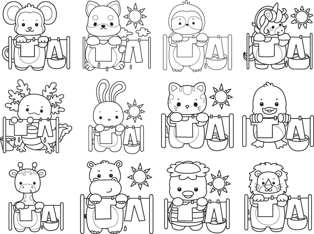 Outline of animals dry and clean the clothes under the sun. Coloring pages of cute animals. vector
