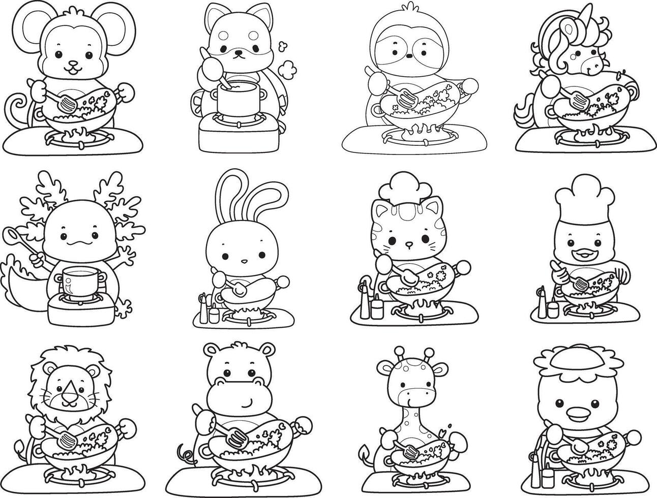 Outline of animals cooking a fried rice. Coloring pages of cute animals. vector