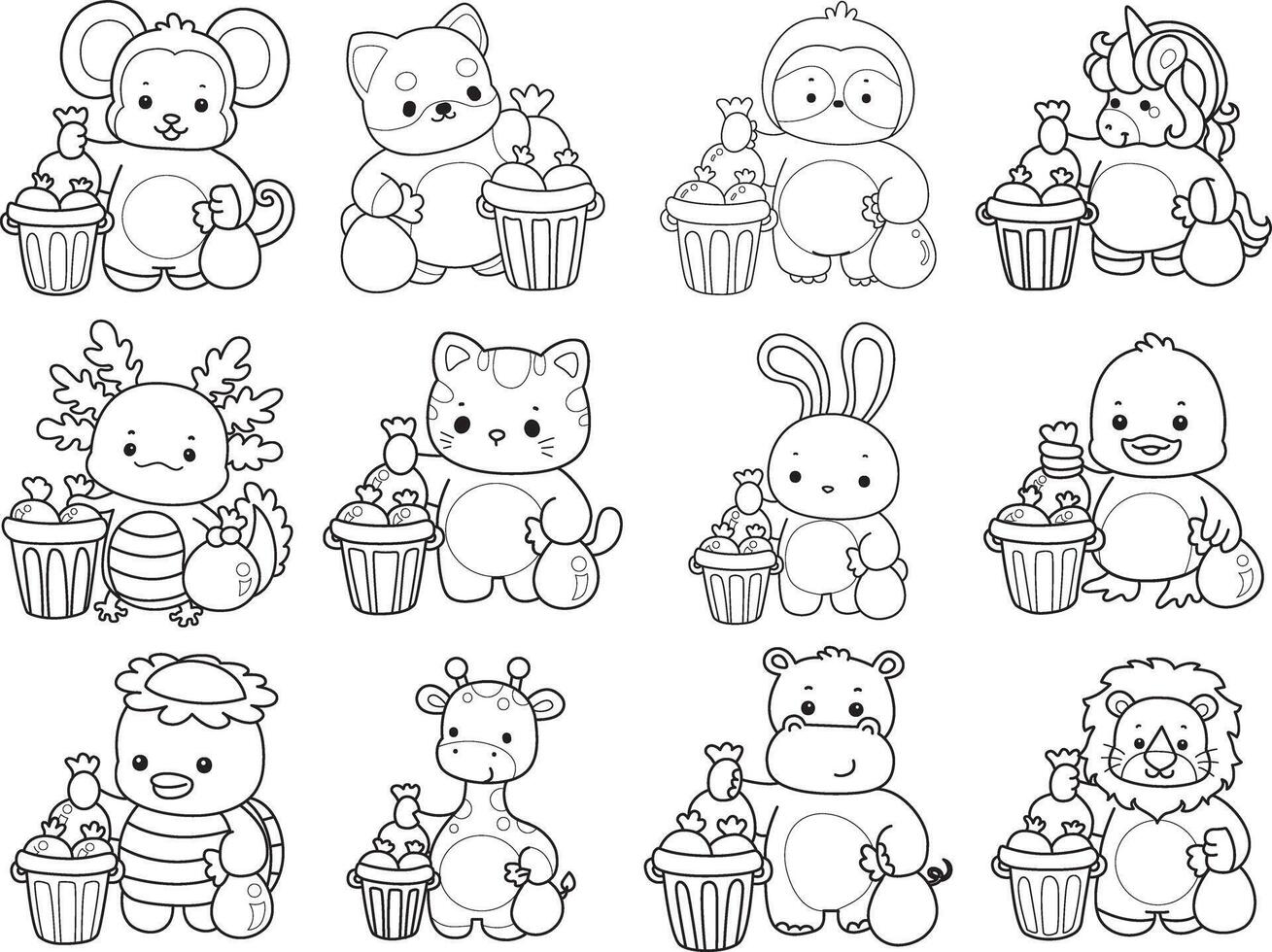 Outline of animals throw the garbage into its place. Coloring pages of cute animals. vector
