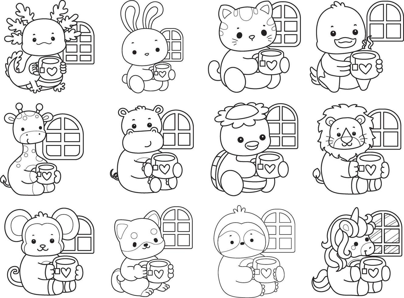 Outline of animals relaxing with hot tea. Coloring pages of cute animals. vector