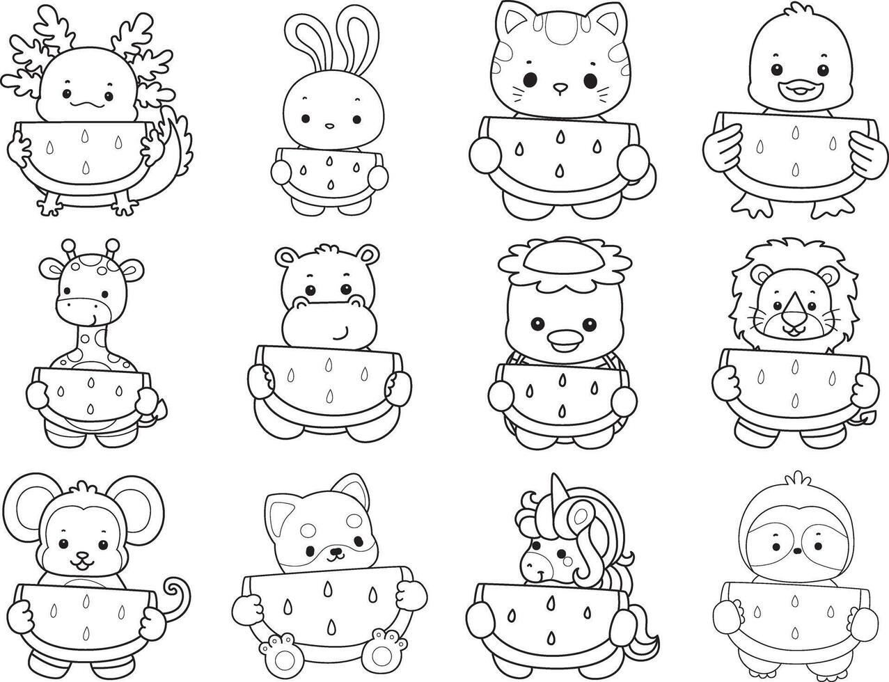 Outline of animals bring a watermelon. Coloring pages of cute animals. vector