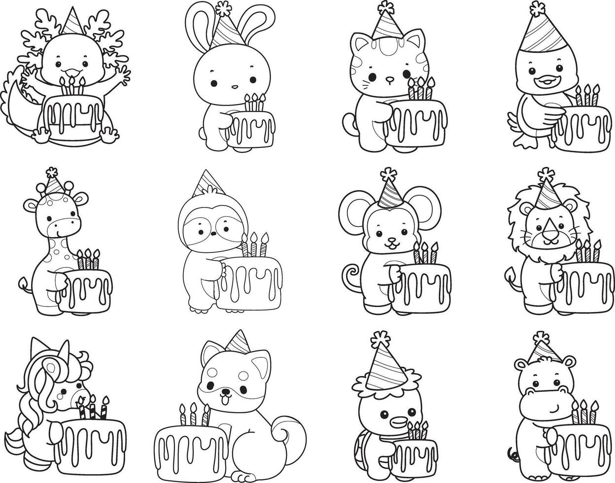 Outline of animals bring a birthday cake. Coloring pages of cute animals. vector