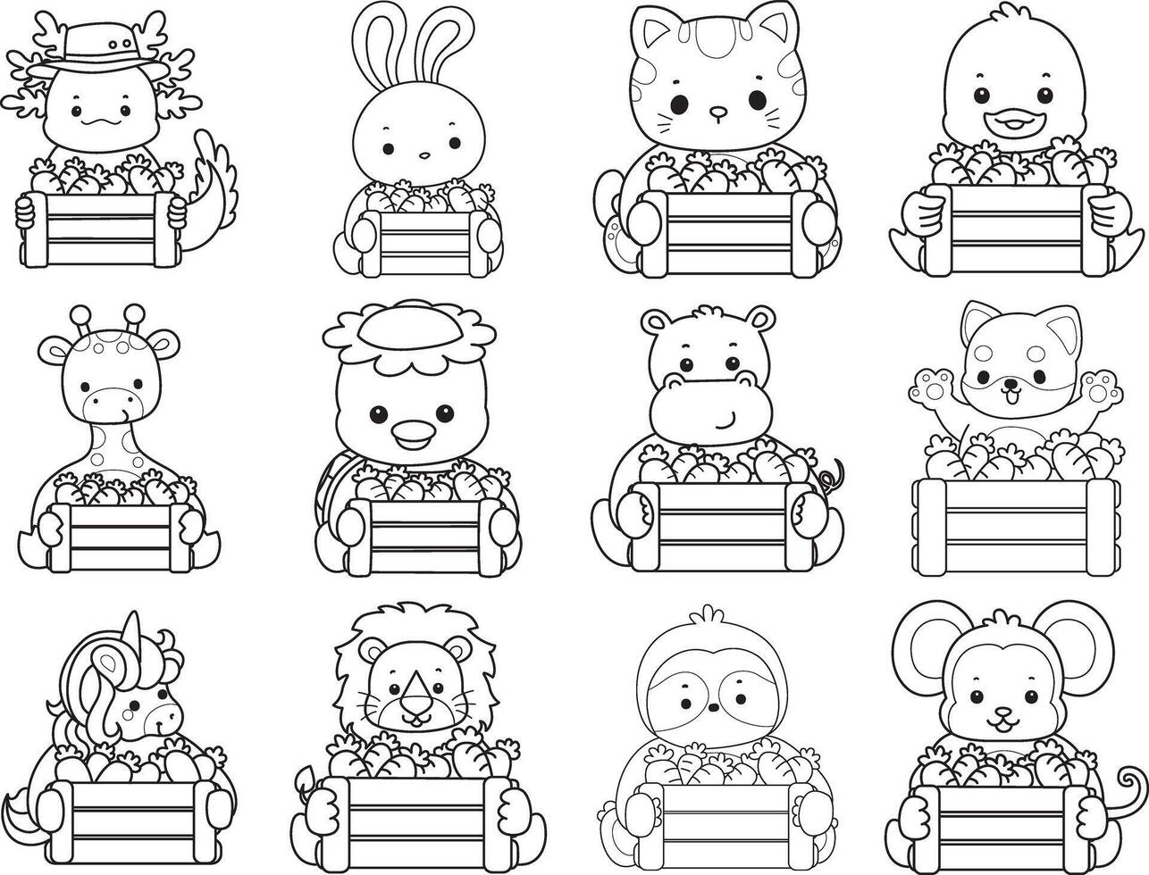 Outline of animals bring a lot of carrots. Coloring pages of cute animals. vector