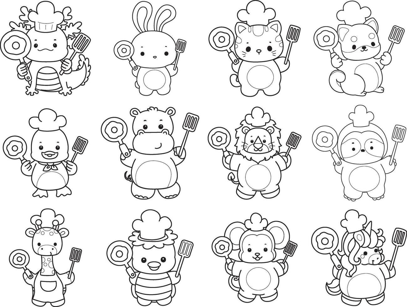 Outline of animals want to cooking eggs. Coloring pages of cute animals. vector