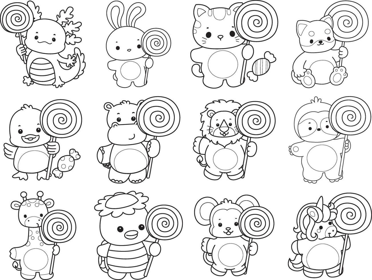 Outline of animals bring a lollipop. Coloring pages of cute animals. vector