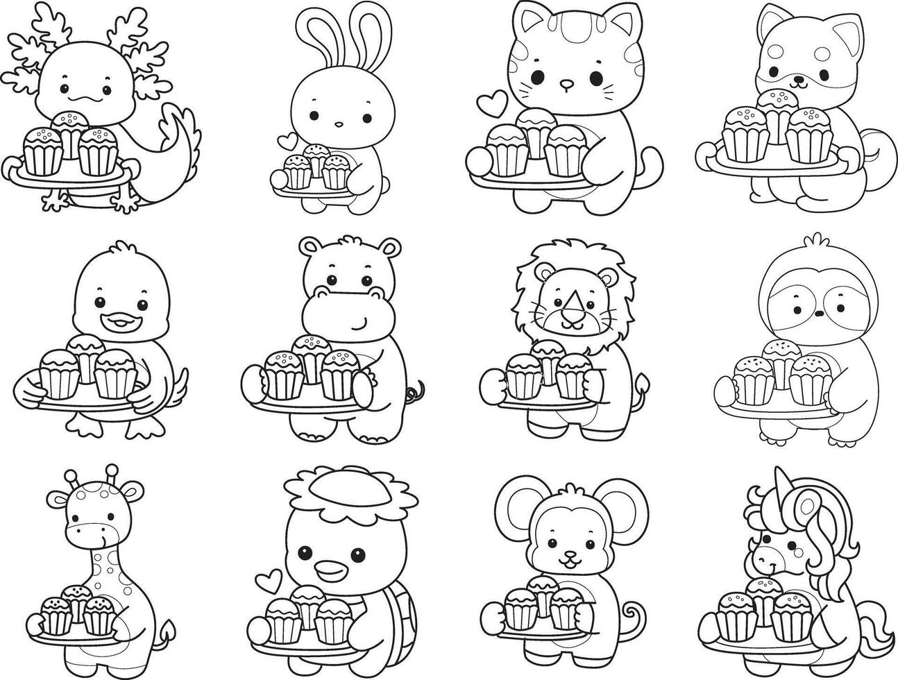 Outline of animals bring a three of cupcakes. Coloring pages of cute animals. vector