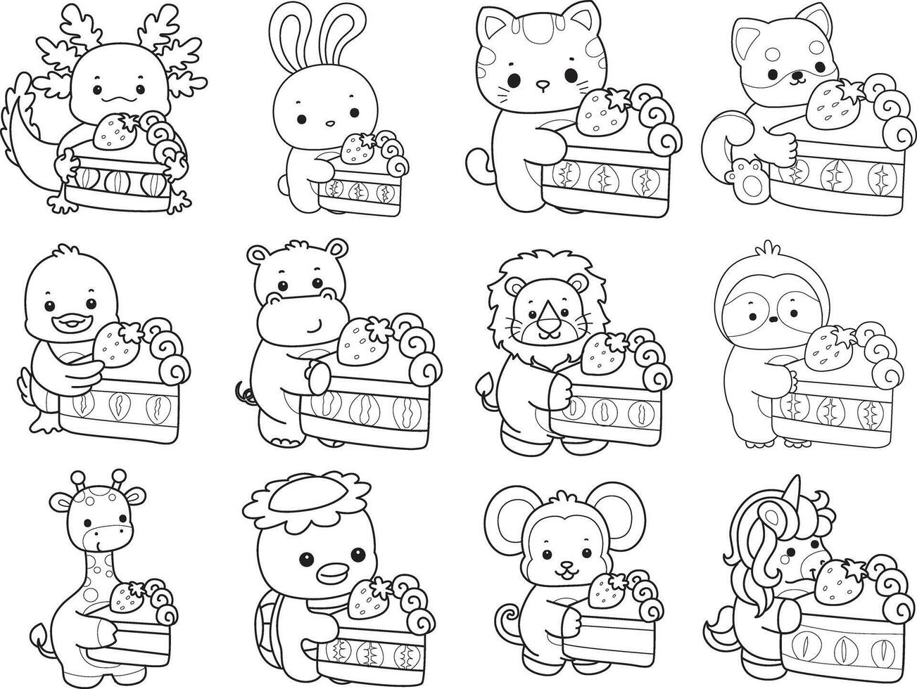 Outline of animals bring a strawberry cake. Coloring pages of cute animals. vector