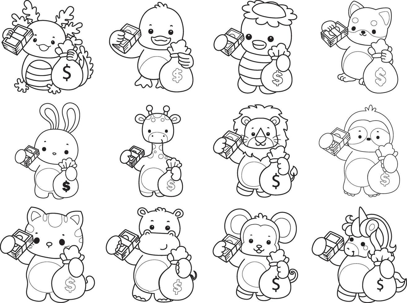 Outline of animals bring a buck of money. Coloring pages of cute animals. vector