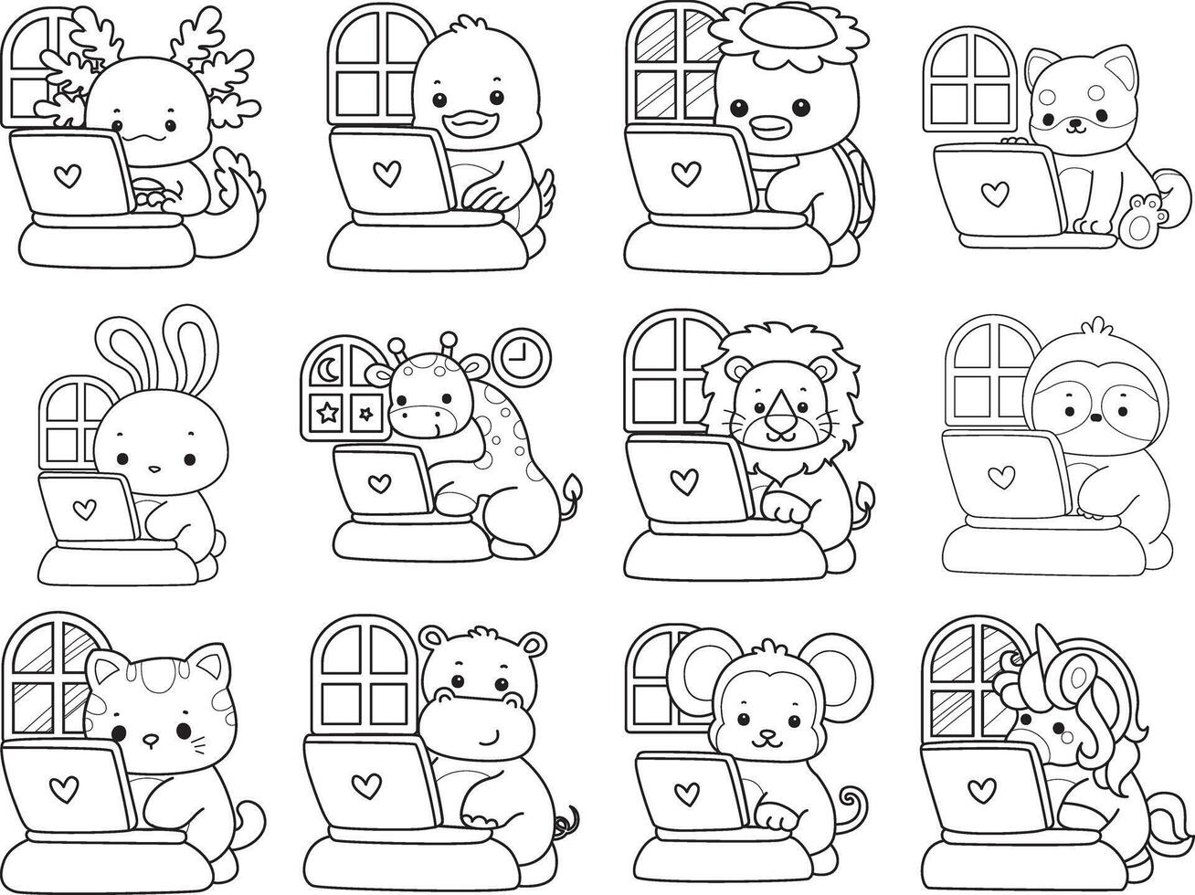 Outline of animals working with notepad. Coloring pages of cute animals. vector