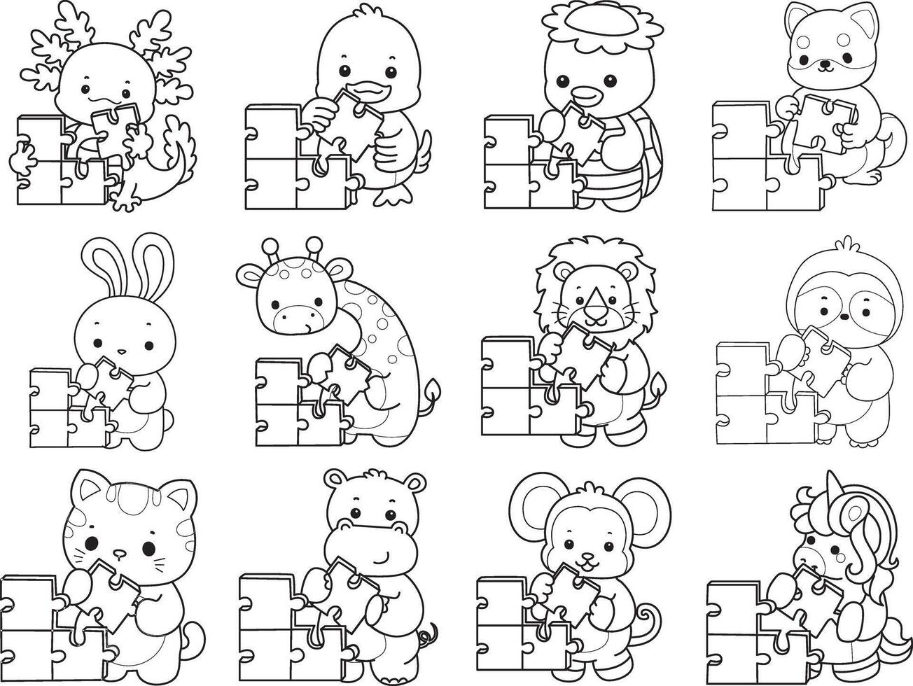 Outline of animals playing a puzzle. Coloring pages of cute animals. vector
