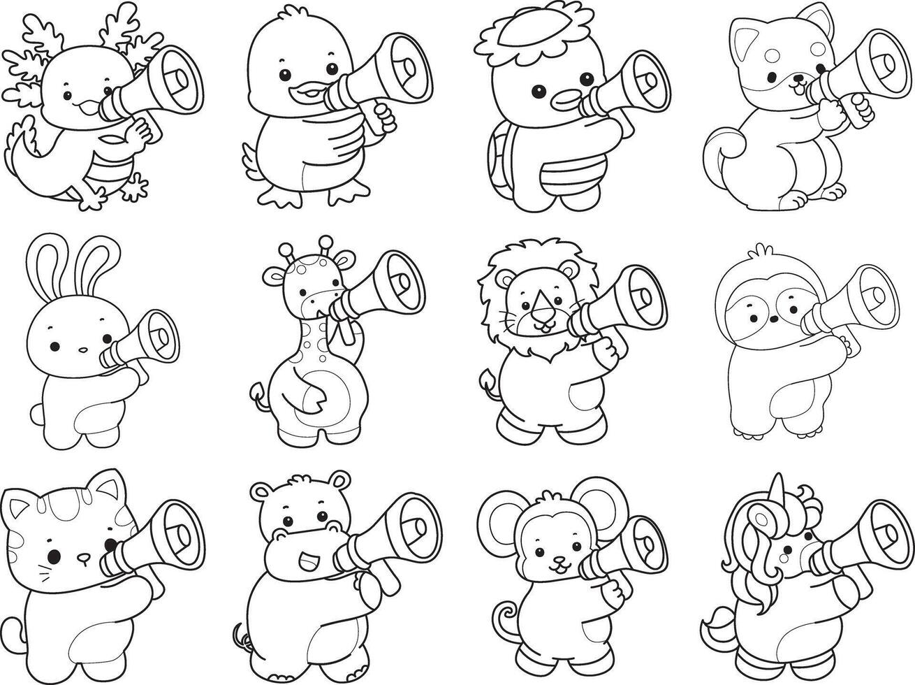 Outline of animals sounding with megaphone. Coloring pages of cute animals. vector