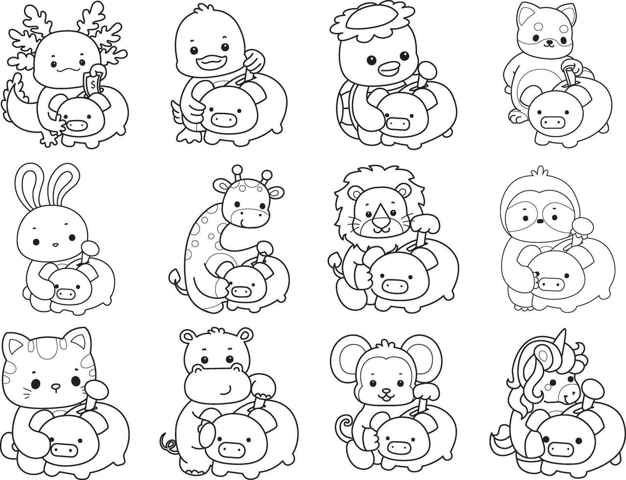 Outline of animals savings money in the piggy bank. Coloring pages of cute animals. vector