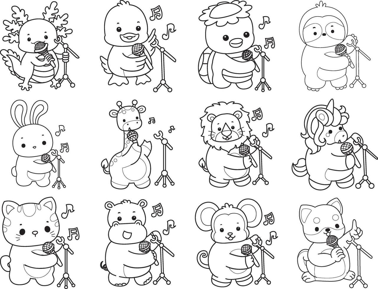 Outline of animals sing a song with microphone. Coloring pages of cute animals. vector