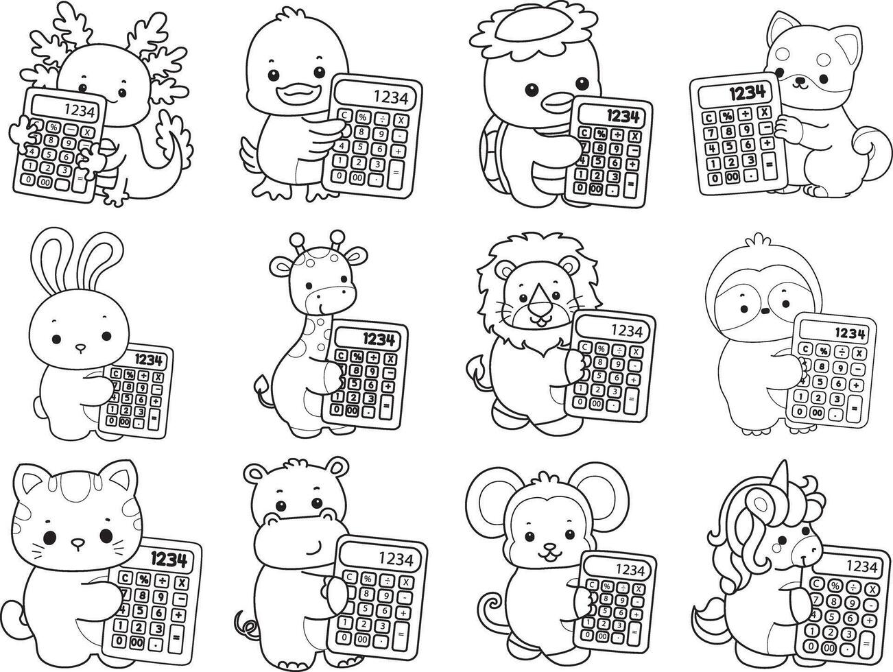 Outline of animals bring a calculator. Coloring pages of cute animals. vector