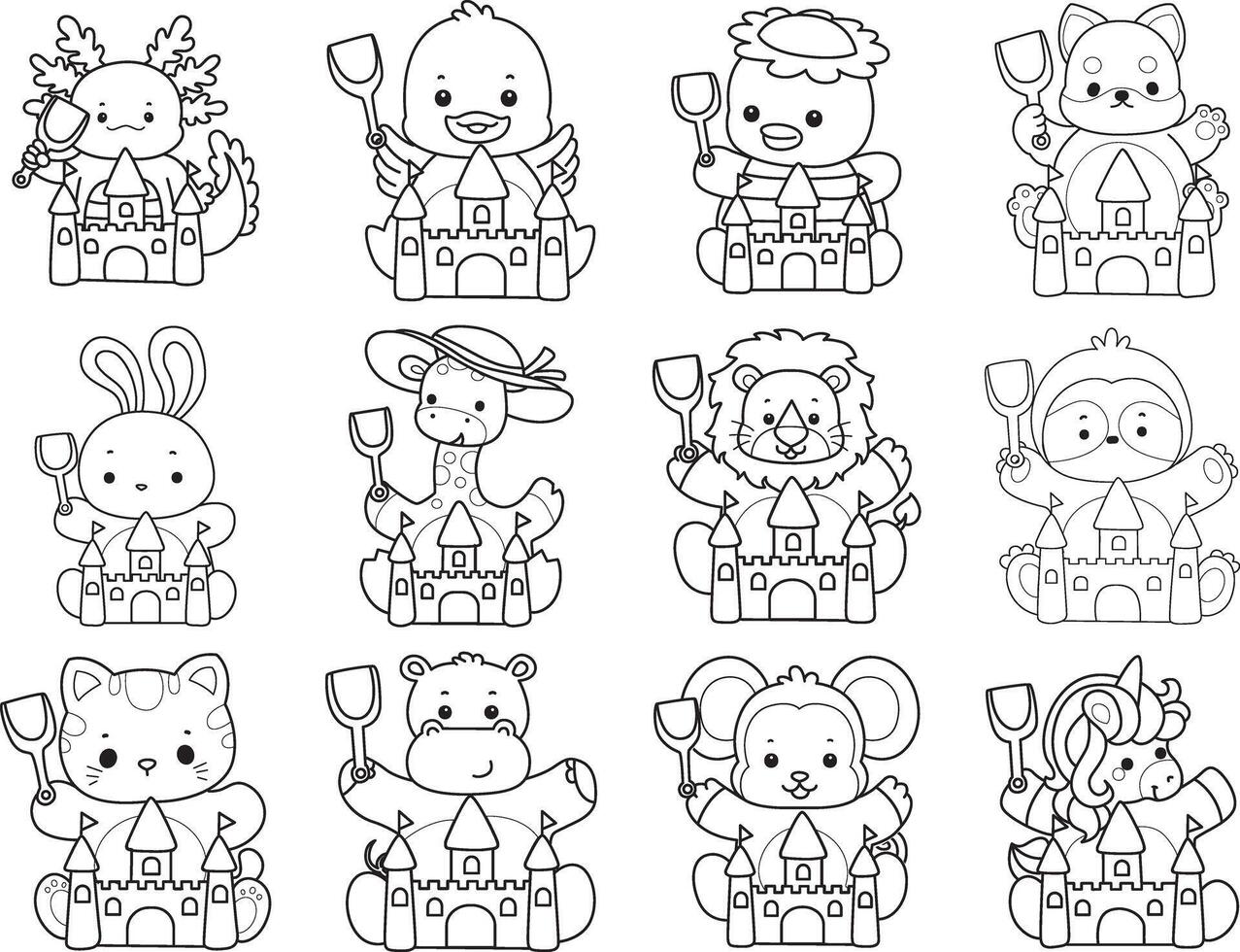 Outline of animals playing a sand castle. Coloring pages of cute animals. vector
