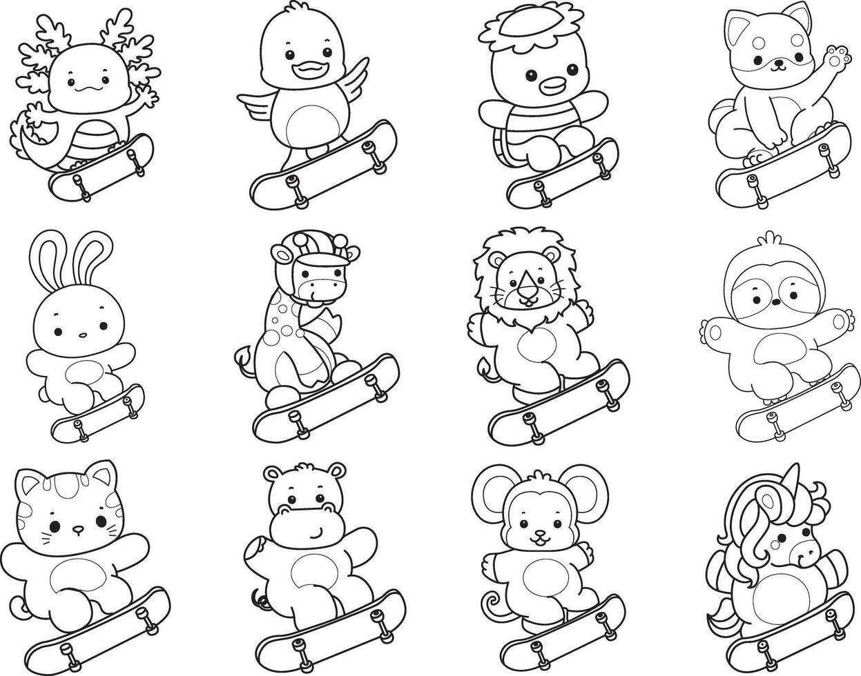Outline of animals playing a skateboard. Coloring pages of cute animals. vector