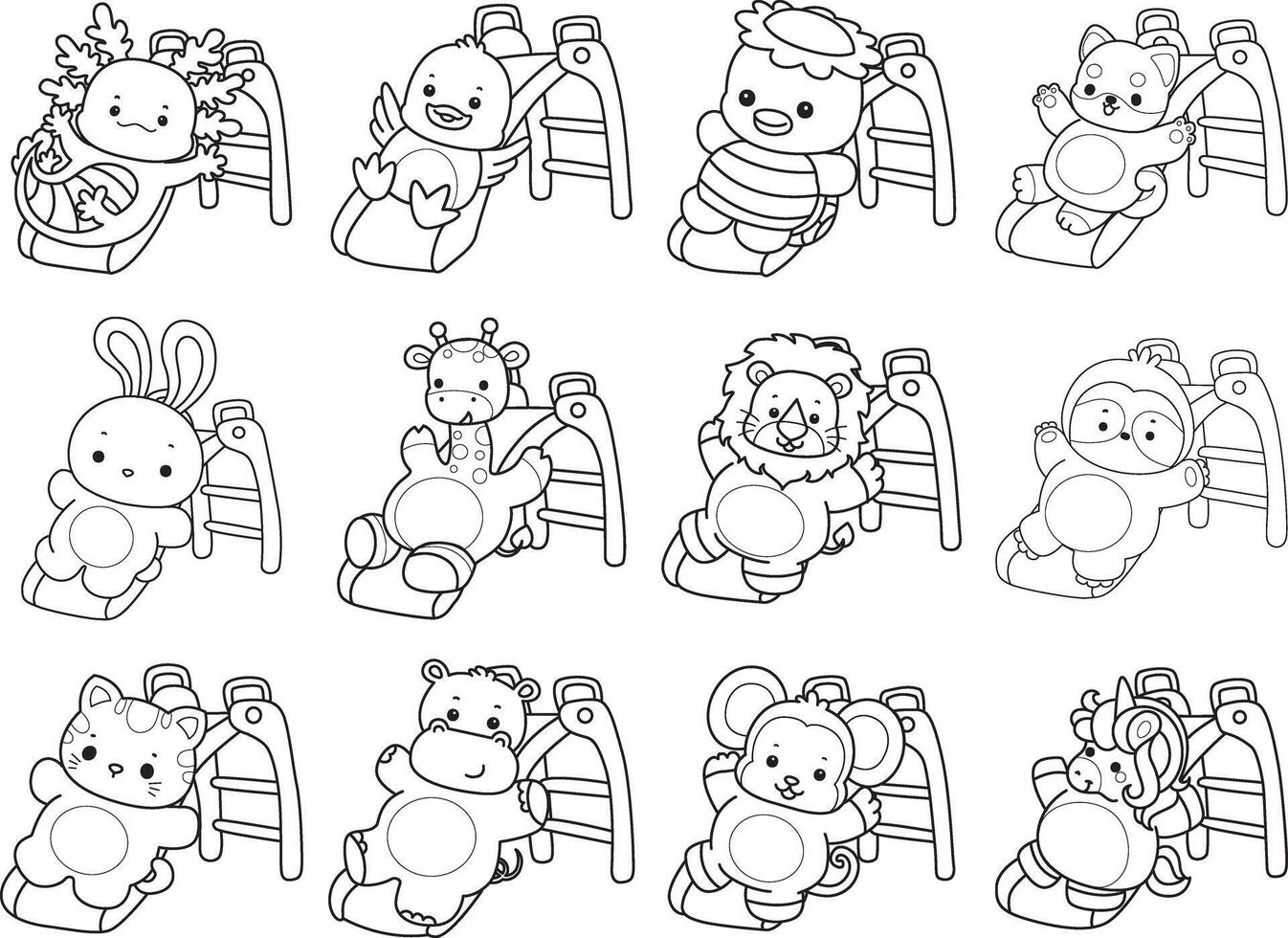 Outline of animals playing a sliding. Coloring pages of cute animals. vector