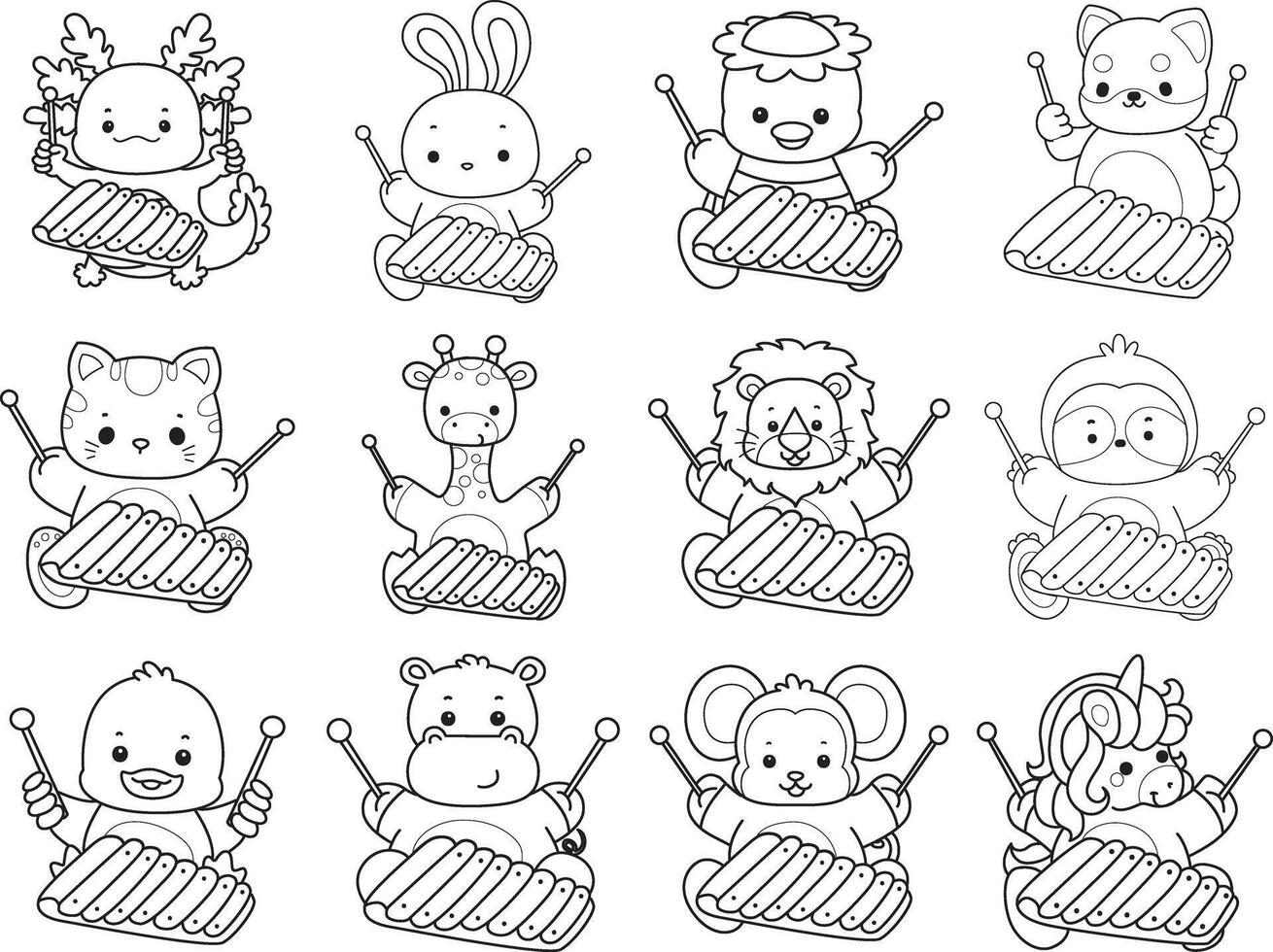 Outline of animals playing a xylophone. Coloring pages of cute animals. vector