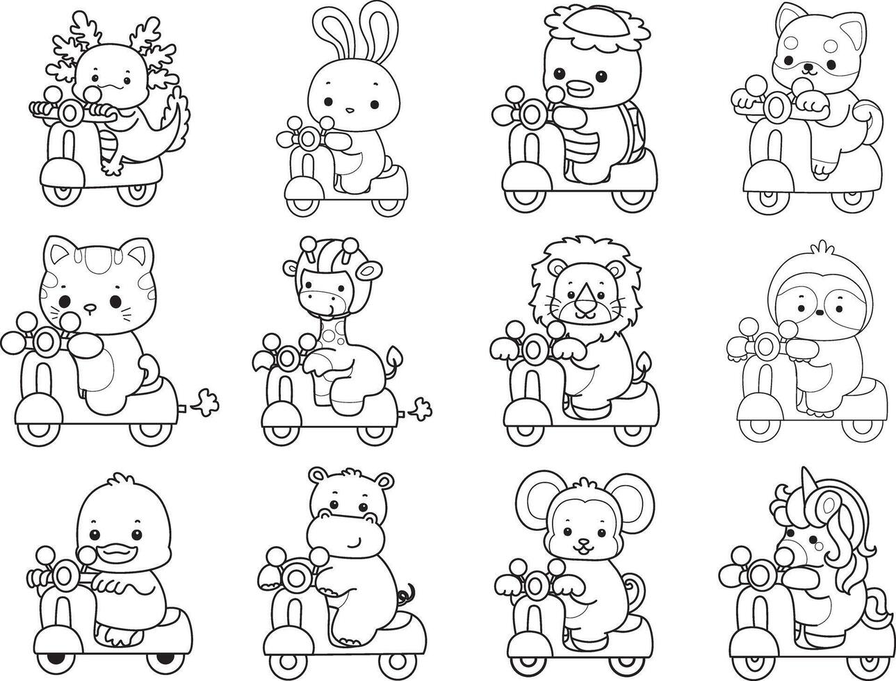 Outline of animals driving a scooter. Coloring pages of cute animals. vector