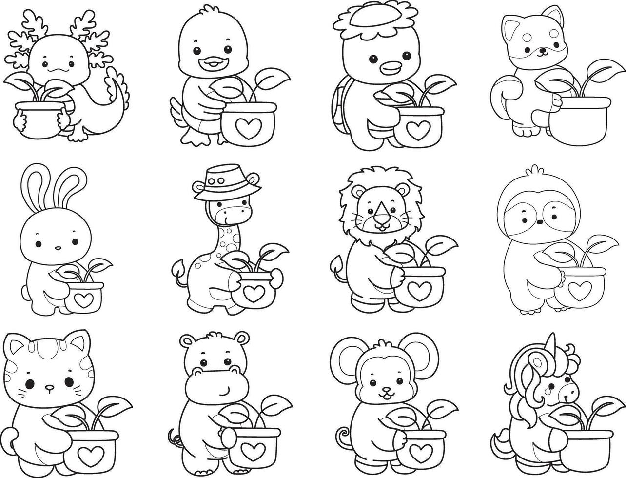 Outline of animals bring a leaves in the pot. Coloring pages of cute animals. vector