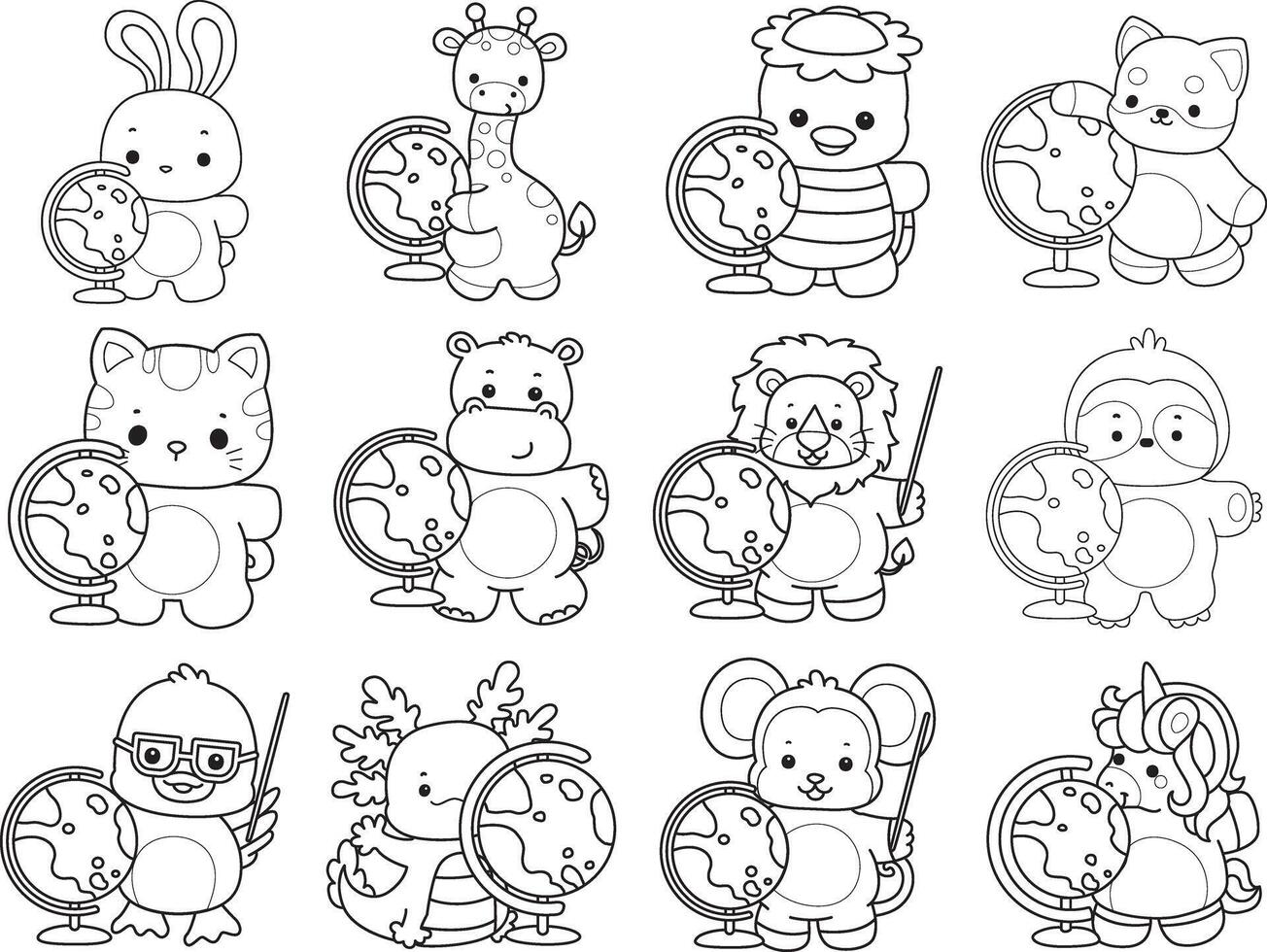 Outline of animals bring a globe. Coloring pages of cute animals. vector