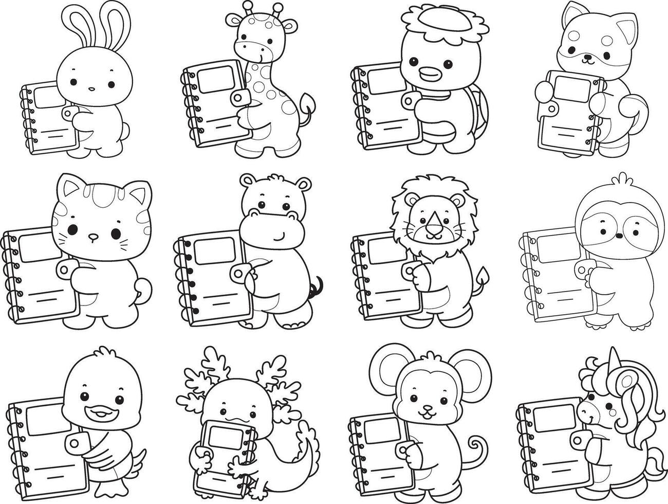 Outline of animals bring a books. Coloring pages of cute animals. vector