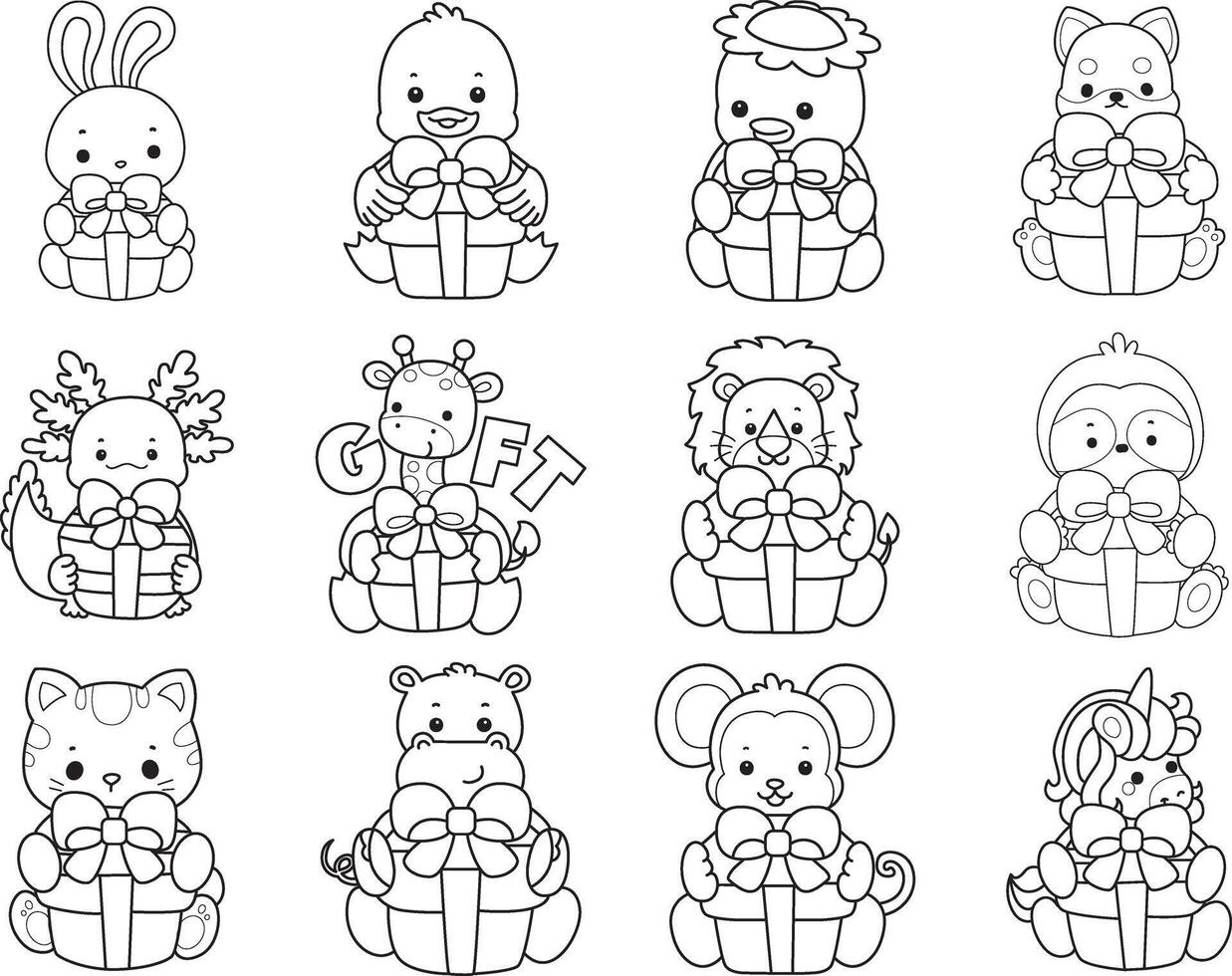 Outline of animals bring a gift box. Coloring pages of cute animals. vector