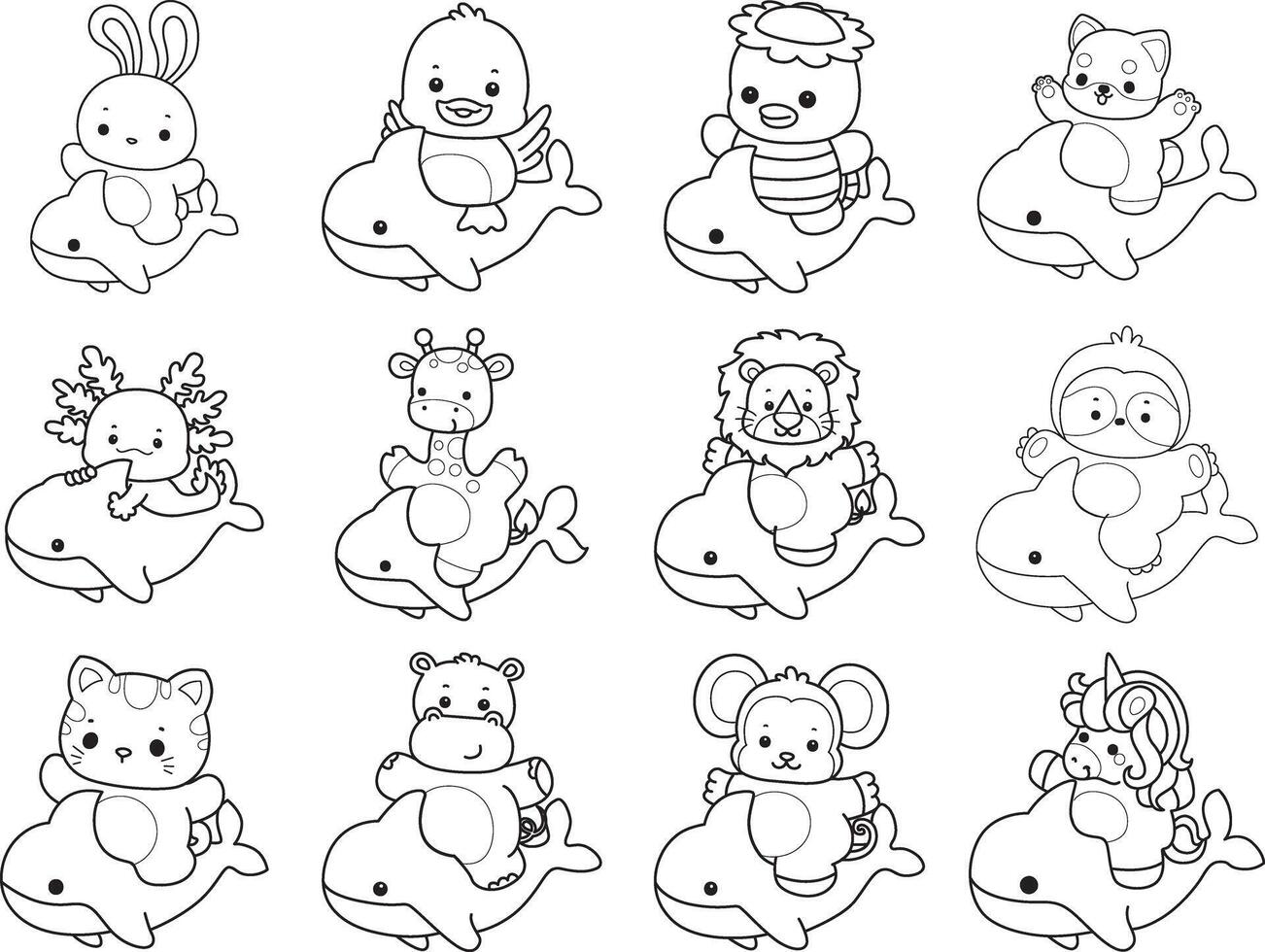 Outline of animals riding a shark. Coloring pages of cute animals. vector