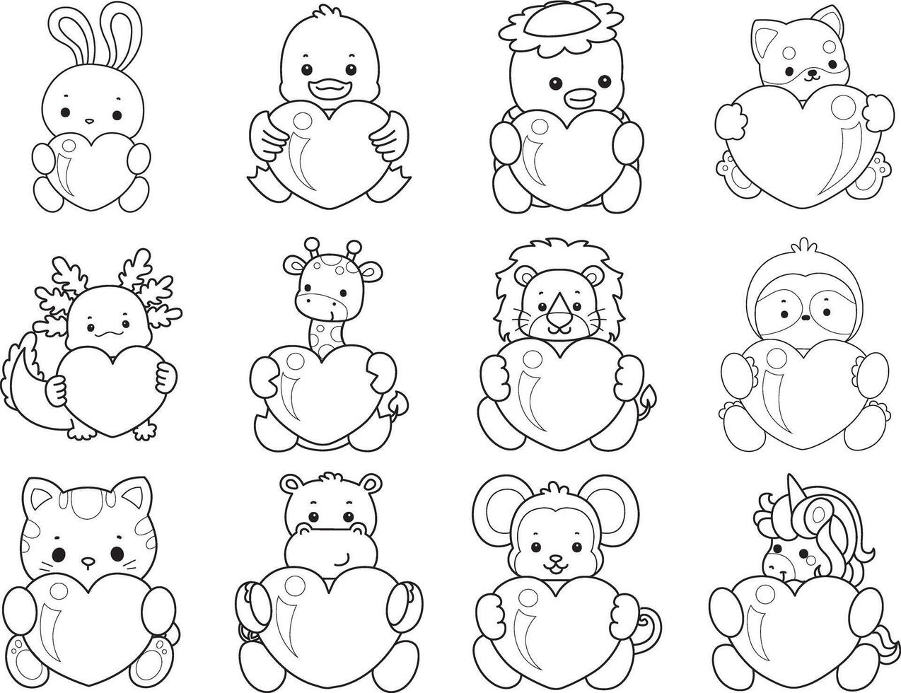 Outline of animals bring a love sign. Coloring pages of cute animals. vector