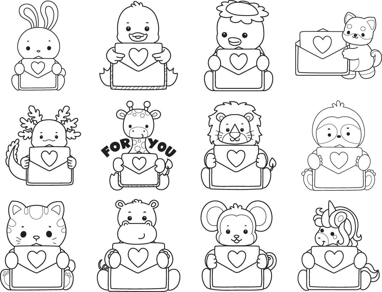 Outline of animals bring a love letter. Coloring pages of cute animals. vector