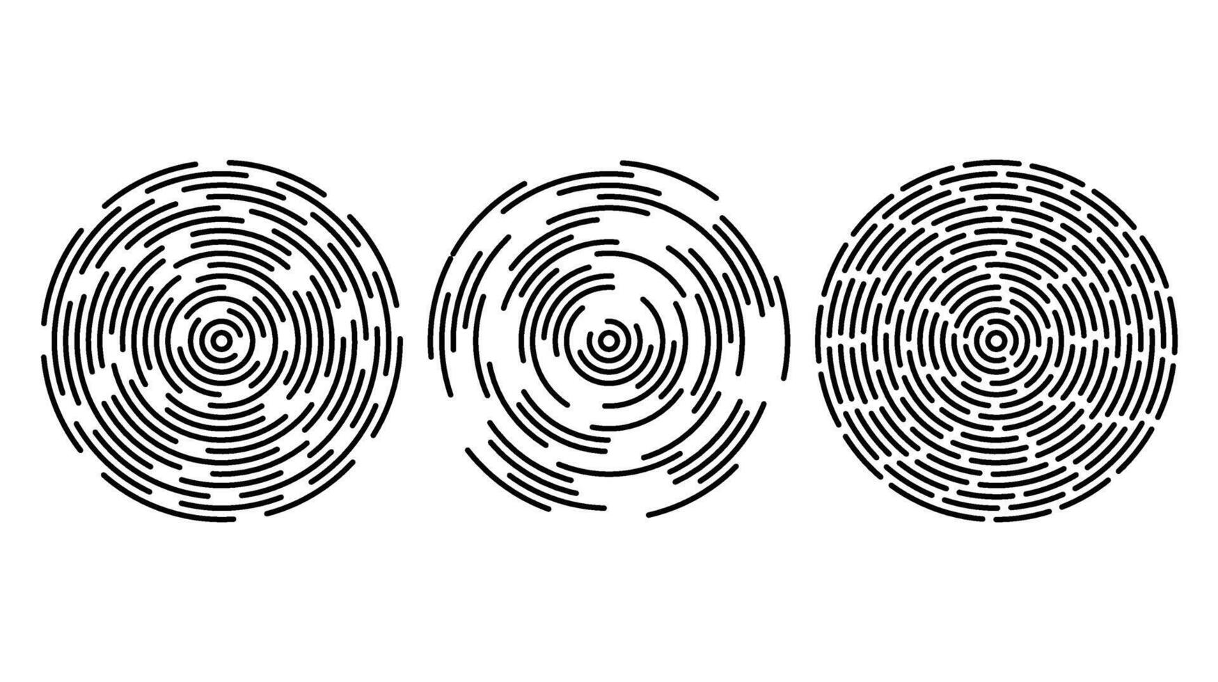 Concentric circle segments set. Rippled round patten background. Sonar or sound wave rings collection. Epicentre, target, radar icon concept. Radial vibration elements vector