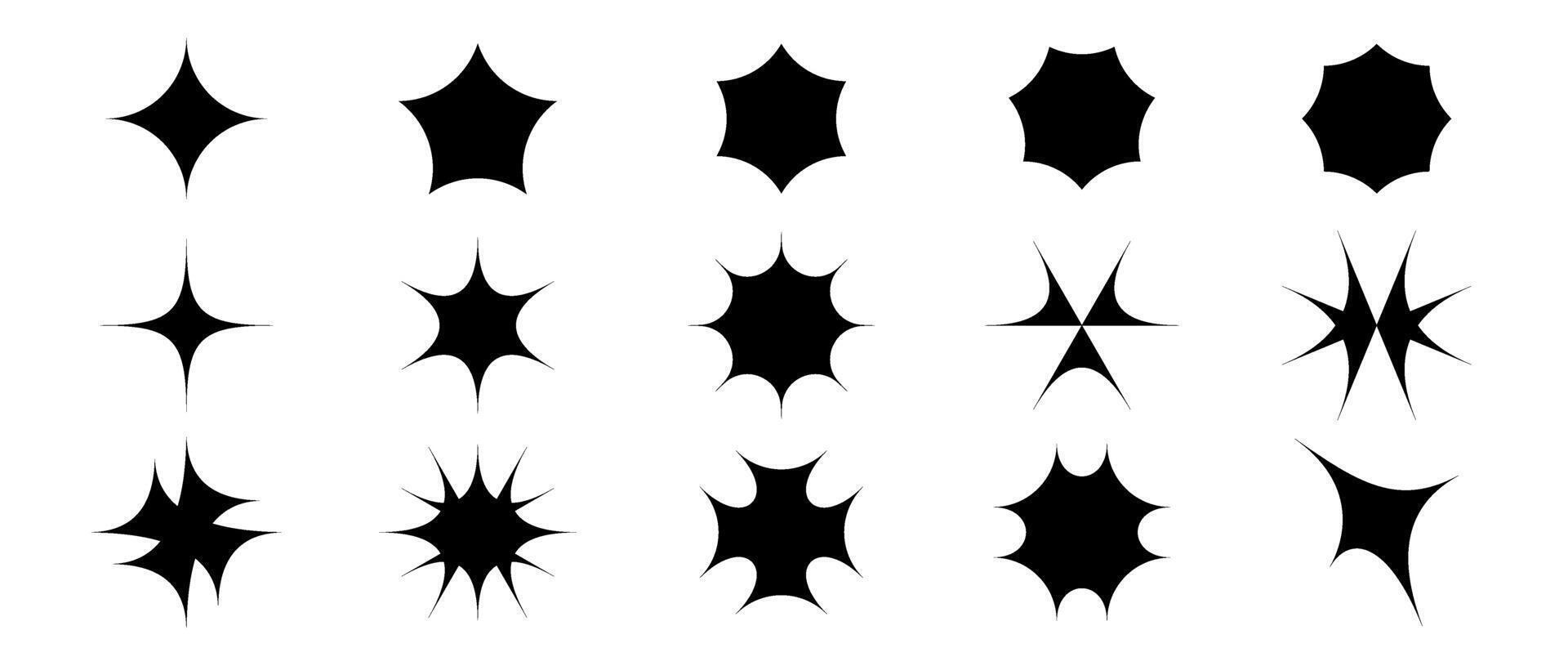 Black star and sparkle shapes set. Retro bling icons collection. Abstract y2k starburst and shine effect pack. Design elements for template, poster, banner, logo, card. Illustration bundle. vector
