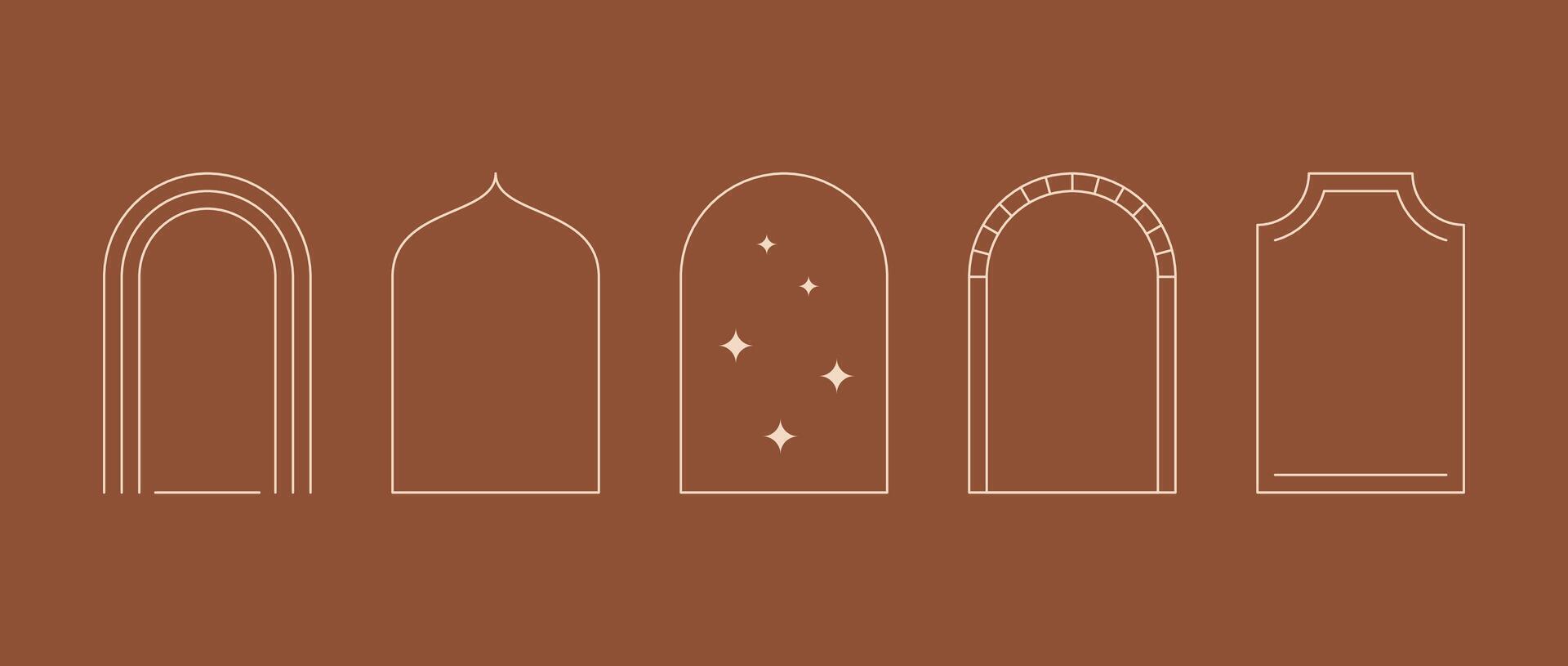 Linear arch frame set in minimal boho style. Bohemian decorative ornamental border collection for badge, logo, card, poster, banner, post. Line arc elements with stars for design template. vector